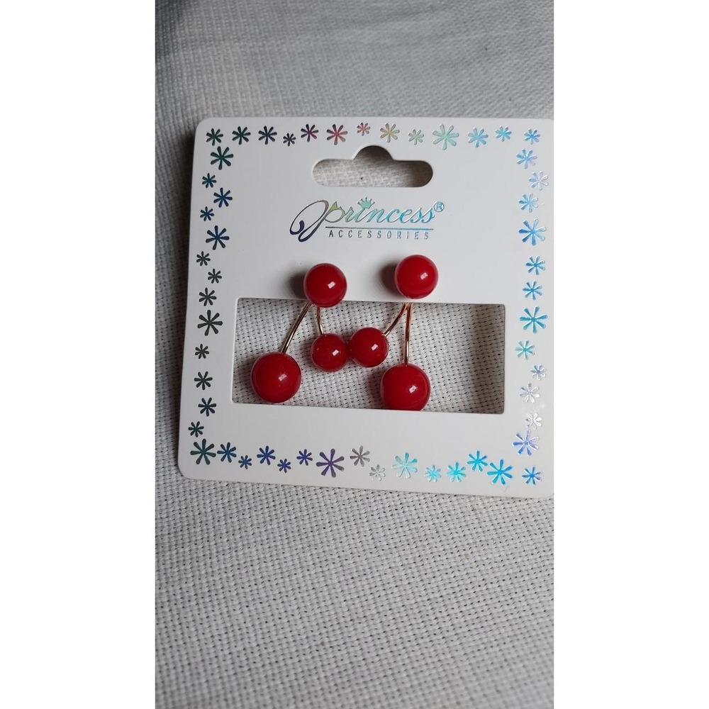 Princess Accessories Gold Tone Double Shiny Red Cherry Fruit Drop Post Earrings